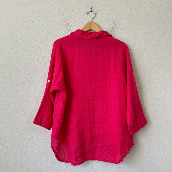 ITALY MADE 100% Linen Roll-Tab Sleeve Gauze Button-Up Shirt in Hot Pink - Picture 8 of 12